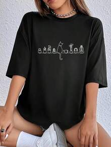 Women's Round Neck T-Shirt With Cat And Potted Plant Print. - 黑色 - 查看 1