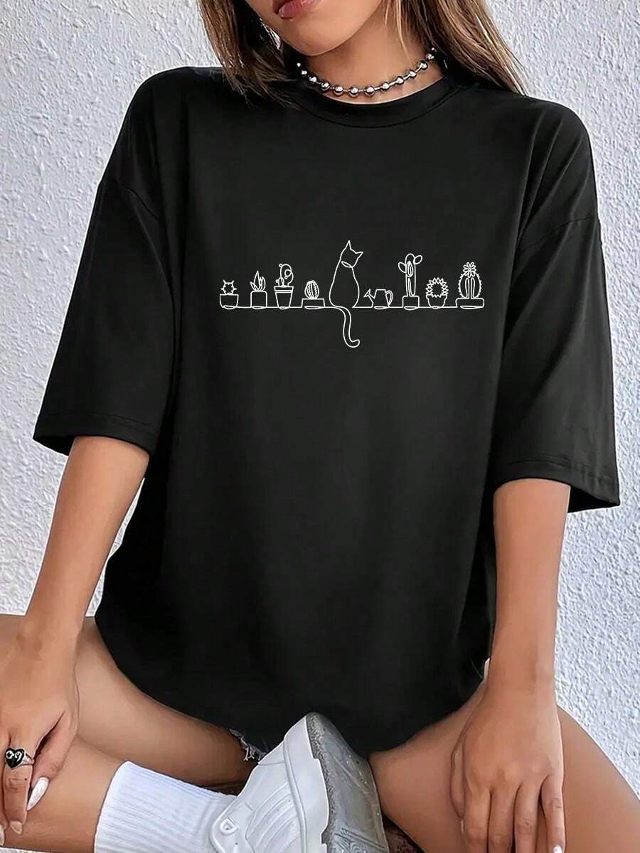 Women's Round Neck T-Shirt With Cat And Potted Plant Print. - 黑色 - 查看 1