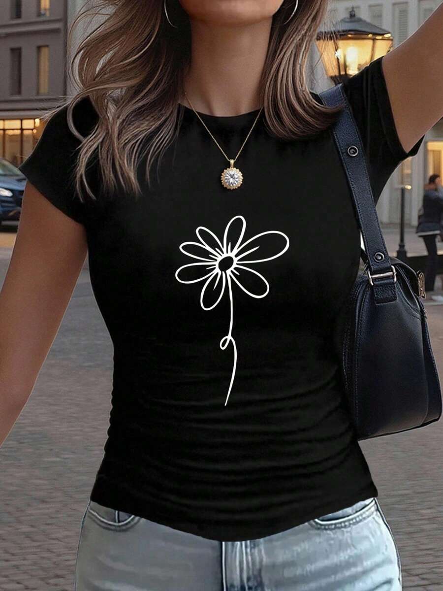 Simple Lines And A Daisy Print In A Fresh And Natural Style - Y2K Style - Women's Casual Fashion Sports T-Shirt, Petite Size, Slim Fit, Solid Color, With Detailed Pleats At The Waist, Pullover Round Neck, Short Sleeves, Suitable For All Four Seasons. - 黑色 - 查看 1