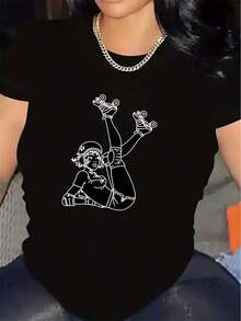 Premium 100% Cotton Short-Sleeved T-Shirt With A Roller Skating Design. Lightweight And Suitable For Casual Wear At Home Or In Restaurants, Comfortable And Fitted For Everyday Use. A Casual And Comfortable Summer T-Shirt For Women, With A Loose-Fitting Crew Neck. Great Gift Idea. - 黑色 - 查看 1
