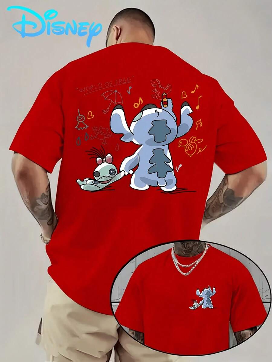 (Disney Licensed)Disney Lilo & Stitch "World Of Free" Graphic Tee Men's Oversized Crew Neck Short Sleeve T-Shirt, Casual Streetwear With Stitch And Scrump Print, Cute Doodle Style Loose Fit Casual Top, Mens Clothes, Men, Ropa De Hombre, Summer Clothes, Men Shirts, Graphic Tees, Disney Outfits Men, Graphic Tees, Camisetas Para Hombre, Camisas Para Hombre, Summer Outfits For Men, Father's Day Gift, Perfect Gift For Family And Friends, Which Are Necessary For Birthday Parties, Disney Shirts, Mens Clothes, Summer Clothes, Officially Licensed Disney T-Shirts, Disney Men's And Women's Spring/Summer Fashion Casual Short-Sleeve T-Shirts - Đỏ - Xem 1