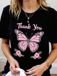 2026 New Women's T-Shirts Black T-Shirt With Butterfly Print + Graphic Design + Casual Style + For Women + Perfect For Spring And Summer + Available In Sizes S, M, L +  Women's Clothing + Featured - 黑色 - 查看 6