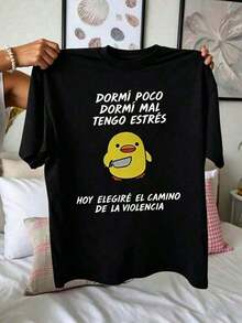 short-sleevePlayera Blanca Oversize con Meme de Pollo Enojado y Cuchillo, Camiseta Gráfica con Frase Viral en Español: "Dormí poco, tengo estrés", Humor Sarcástico Latino Estilo Urbano Holgado Blusas Bonito 100% Cotton100% Cotton - Negro - Ver 5