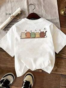 | Exquisite Design | Loose And Comfortable | Easy To Match | Double-Sided Printed T-Shirt, Cat Series, Cute Cartoon Print, Casual Short Sleeve Round Neck For Women, Skin-Friendly Fabric, Classic Design, Spring And Summer Top, A Must-Have Fashion Item For Women. - 白色 - 查看 2
