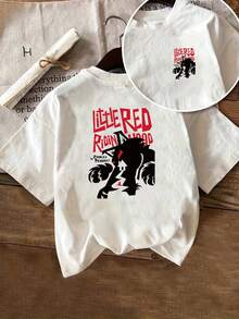 | Exquisite Design | Loose And Comfortable | Easy To Match | T-Shirt With A Print On The Front And Back, Featuring Little Red Riding Hood And The Wolf, Round Neck, Short Sleeves, Casual Style For Women, Comfortable Fit, Soft To The Touch Fabric, Classic Design, A Must-Have Fashion Item For Women. - 白色 - 查看 1