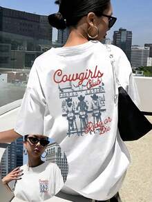 | Exquisite Design | Loose And Comfortable | Easy To Match | Double-Sided Printed T-Shirt, Western Cowboy Style, Bar Scene Print, Round Neck, Casual Short Sleeve For Women, Skin-Friendly Fabric, Classic Design, Spring And Summer Top, A Must-Have Fashion Item For Women. - 白色 - 查看 7