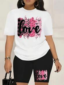 Camiseta Deportiva Casual para Mujer con Diseño Floral Rosa y Cuadrícula Negra - Camiseta Blanca Elástica de Cuello Redondo, Lavable aáquina, Ajuste Cómodo y Apta para Todas las Estaciones, para Combinar con Shorts Negros. - Blanco - Ver 7