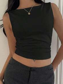 Top corto de algodón acolchado con espalda de tirantes, para primavera/verano - Negro - Ver 6