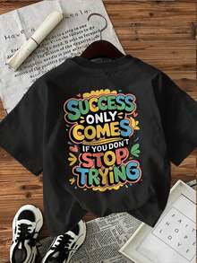 | Exquisite Design | Loose And Comfortable | Easy To Match | [Double-Sided Print] Women's Spring/Summer T-Shirt With Cartoon Letter Decoration, SUCSSS ONLY COMES Print, Pure Cotton, Casual Daily Wear, Short Sleeve, Round Neck, Women's T-Shirt - 黑色 - 查看 3