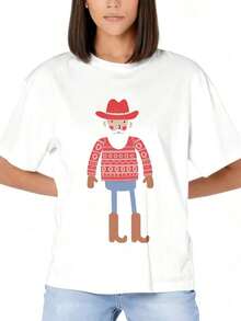 Women's Western-Themed T-Shirt With Cowboy And Santa Claus Design, Holiday Gift For Friends And Family. Suitable As A Gift. Women's T-Shirt. Blouses > Elegant. Boho Chic. Soft, Breathable, And Comfortable Women's Top, Ideal For Spring, Summer, And Fall, Perfect For Vacations, Travel, And Everyday Wear. - 白色 - 查看 2