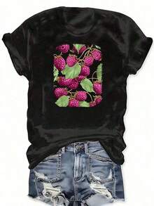 Round Neck T-Shirt With Graphic Vegetable Print And Mulberry Fruit Design, Casual Short Sleeve T-Shirt For Spring Summer, Women's Clothing Suitable As A Gift. Women's T-Shirt. Blouses>Elegant. Boho Chic, Soft, Breathable And Comfortable Women's Top, Ideal For Spring, Summer And Autumn, Perfect For Vacations, Travel And Everyday Wear. - 黑色 - 查看 7
