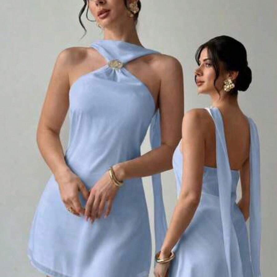 Elegante y delicado vestido camisero con decoración metálica y espalda descubierta, ropa de verano, ropa de playa, ropa de resort, ropa de resort bohemia y tropical, atuendo para conciertos, fiestas rave, festivales de música country, elegante atuendo para citas nocturnas, vestido de verano para mujer, vestido para té de la tarde, vestido blanco de graduación, atuendo de celebración para festivales de música, vestido con espalda descubierta - Celeste - Ver 1