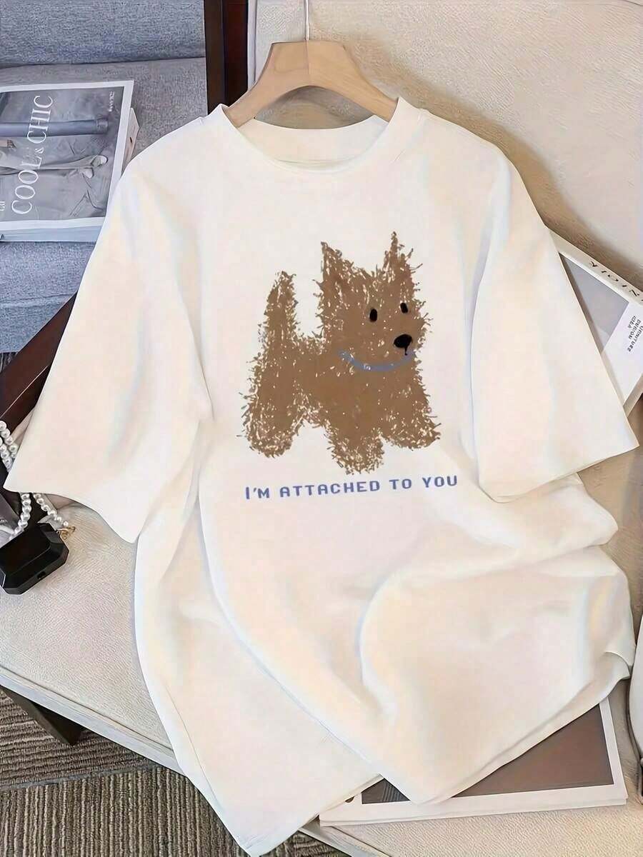Limited Time Offer, Limited Quantity Available, Lightning, Women's Shirts, Women's T-Shirts. Women's Y2K Style Short Sleeve White T-Shirt, Loose Fit And Round Neck, Ideal For Summer, With A Cute Dog Print And The Phrase "I Love You". - 白色 - 查看 1