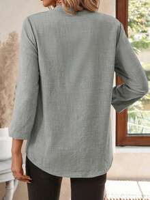 Blusa casual de mujer de unicolor y cuello con muesca, de manga 3/4, versátil y adecuada para uso en la oficina en otoño/invierno, casual - Gris Claro - Ver 2