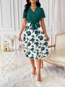 Vestido de mujer con cuello en V y cinturón, manga corta, vestido largo de verano para mujer - Multicolor - Ver 3