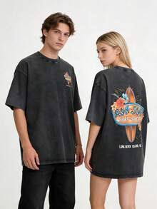 1PC Surf Shop Floral And Surfboard Graphic Black Short Sleeve Tee,Fashion Street Pattern Short-Sleeve Pure Cotton Double-Sided Washed T-Shirt Summer Tops Summer Clothes Shirts Summer Graphic Tees Women T Shirtssummer Outfits For Women Vacation Outfits Women  Tropicoqueta Outfits Tropical Outfits For Women Going Out Tops Women Tropical Outfits For Women Going Out Tops T Shirts Women Summer Top Graphic Tees Women 4th Of July Outfit Women Fathers Day Gift - 黑色 - 查看 2