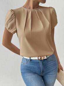 Camisa de mujer elegante y casual con mangas abombadas y volantes de unicolor - Caqui - Ver 1