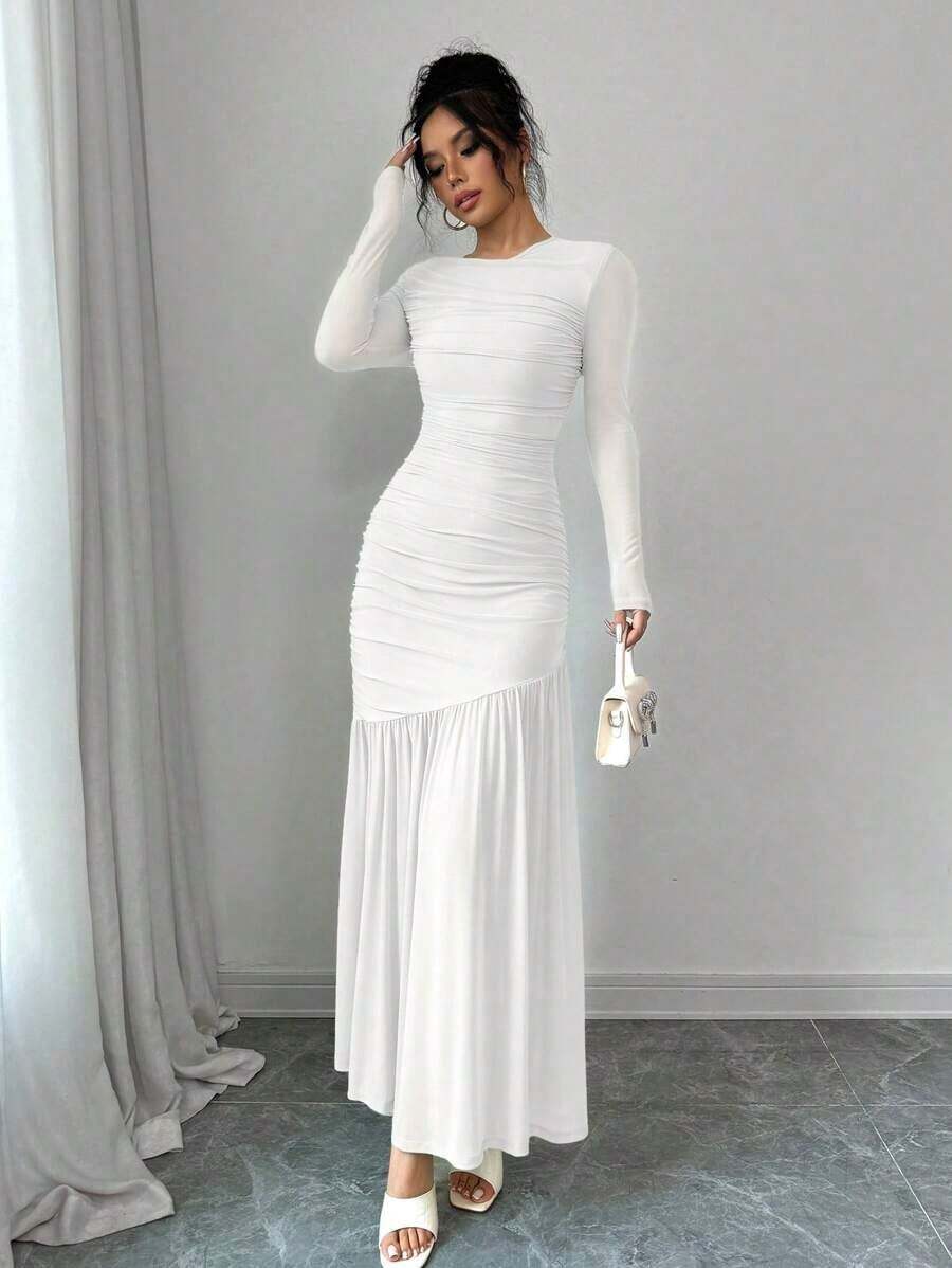 Vestido largo de manga larga con cuello redondo y malla para mujer, vestido casual de otoño.Adecuado para ropa de otoño, atuendo de regreso a clases, atuendo de maestro - Blanco - Ver 1