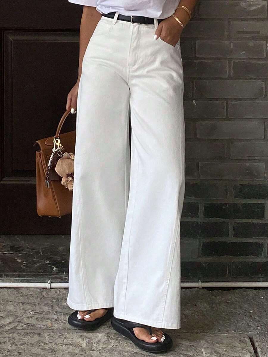 Jeans casuales de cintura media, pierna recta y corte holgado para mujer - Blanco - Ver 1