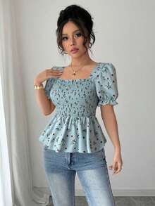 Blusa elegante de mujer con estampado floral diminuto y ajuste ceñido - Celeste - Ver 6