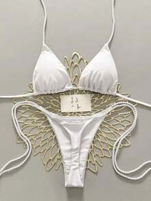 2 piezas Conjunto de traje de baño para mujer, Bikini verde menta con decoración de cuerda hecha a mano - Blanco - Ver 8