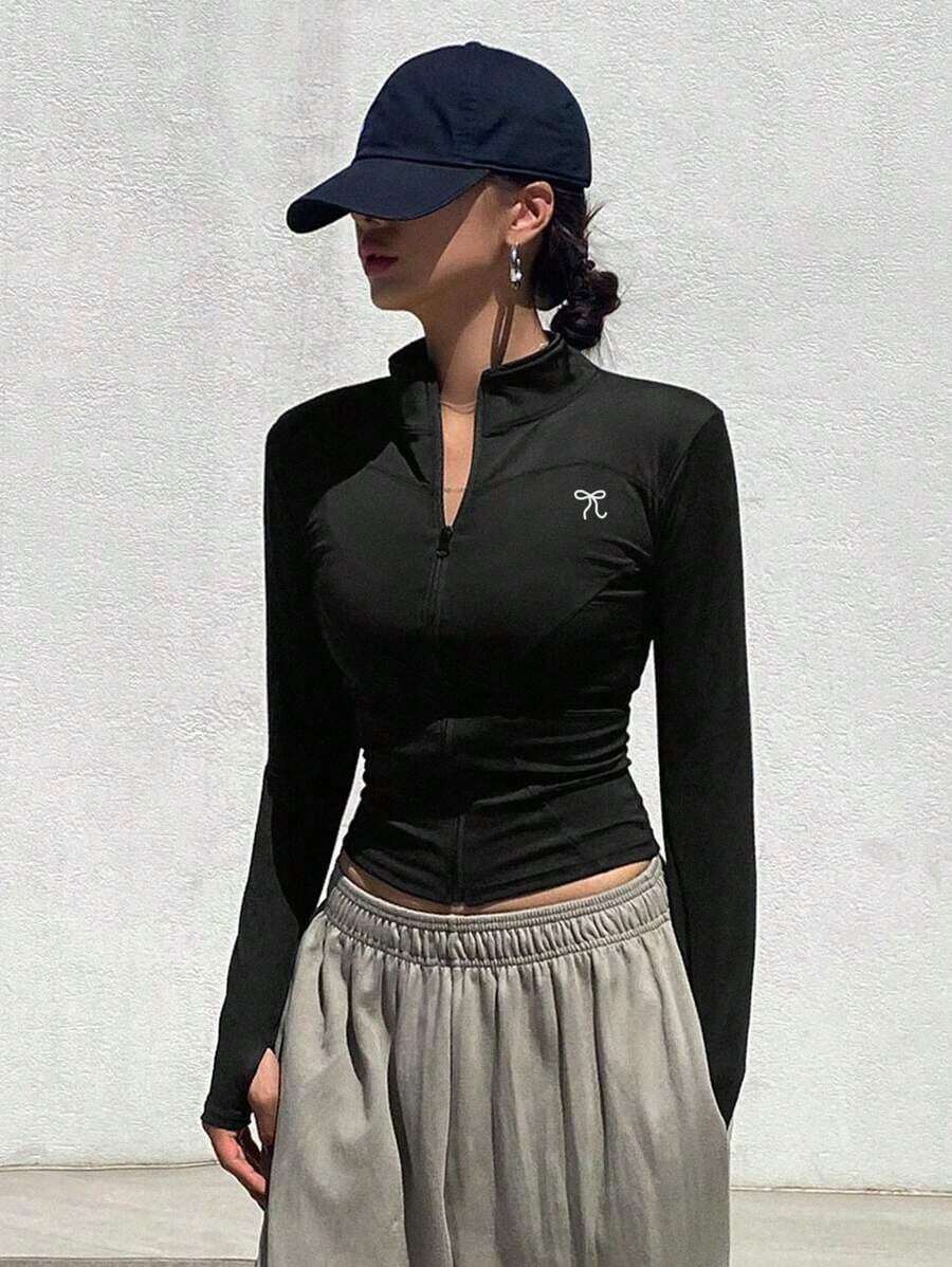 de forro polar de ajuste ceñido con cuello alto de unicolor para mujer, otoño e invierno - Negro - Ver 1