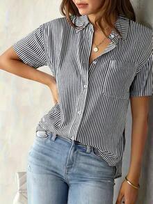 Blusa de mujer con rayas, blusa casual de manga corta, de verano - Negro - Ver 5