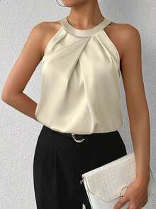 Blusa de crepé champán con cuello fruncido, sin mangas, elegante y sencilla para la oficina, para uso diario y de oficina - Beis - Ver 5