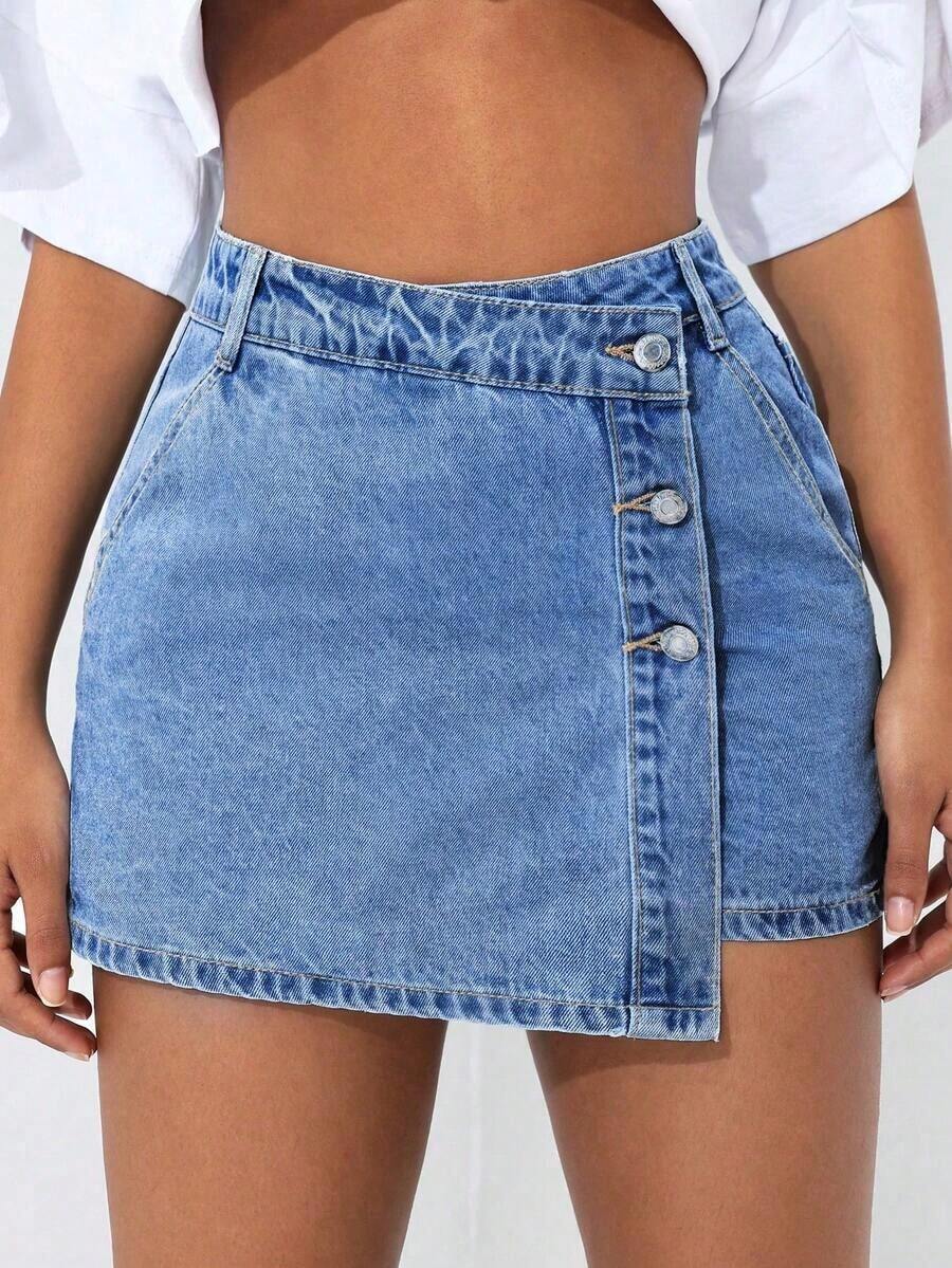 PETITE Short vaquero sexy con bolsillo frontal, cruce de cintura y abotonado para mujer - Azul lavado medio - Ver 1
