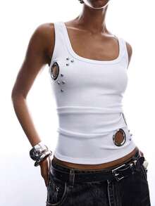 2026 Nuevo Camiseta de mujer minimalista para primavera/verano con decoración de metal, Camiseta de mujer, Camiseta deportiva de mujer, Blusa y camisa de mujer, Top de yoga, Negro - Blanco 3 - Ver 3