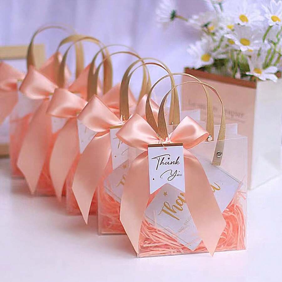 1/5/10PCs High-End Packaging Bag Gift Bag Thickened Frosted Tote Bag To Send Ribbon Thank You Elevator Raffia ZSMSTW, With Handle, Reusable Plastic Gift Bag, Suitable For Wedding, Birthday Party Return Gift, Bulk Gift Bag, With Cards And Ribbons - A - View 1