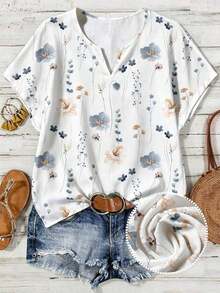 Mono informal con cuello en V y estampado floral para mujer talla grande - Multicolor - Ver 3