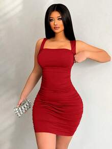 Vestido corto fruncido de un solo color para ropa de Año Nuevo - Rojo - Ver 3