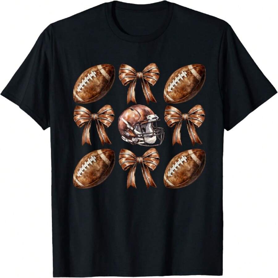 Vintage Football Helmet And Bow Pattern For Game Day T-Shirt - 黑色 - 查看 1