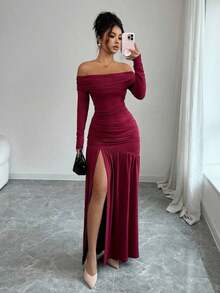 Vestido de punto ajustado de manga larga con hombros descubiertos, elegante y vintage, adecuado para otoño/invierno, Halloween - Burdeos - Ver 1
