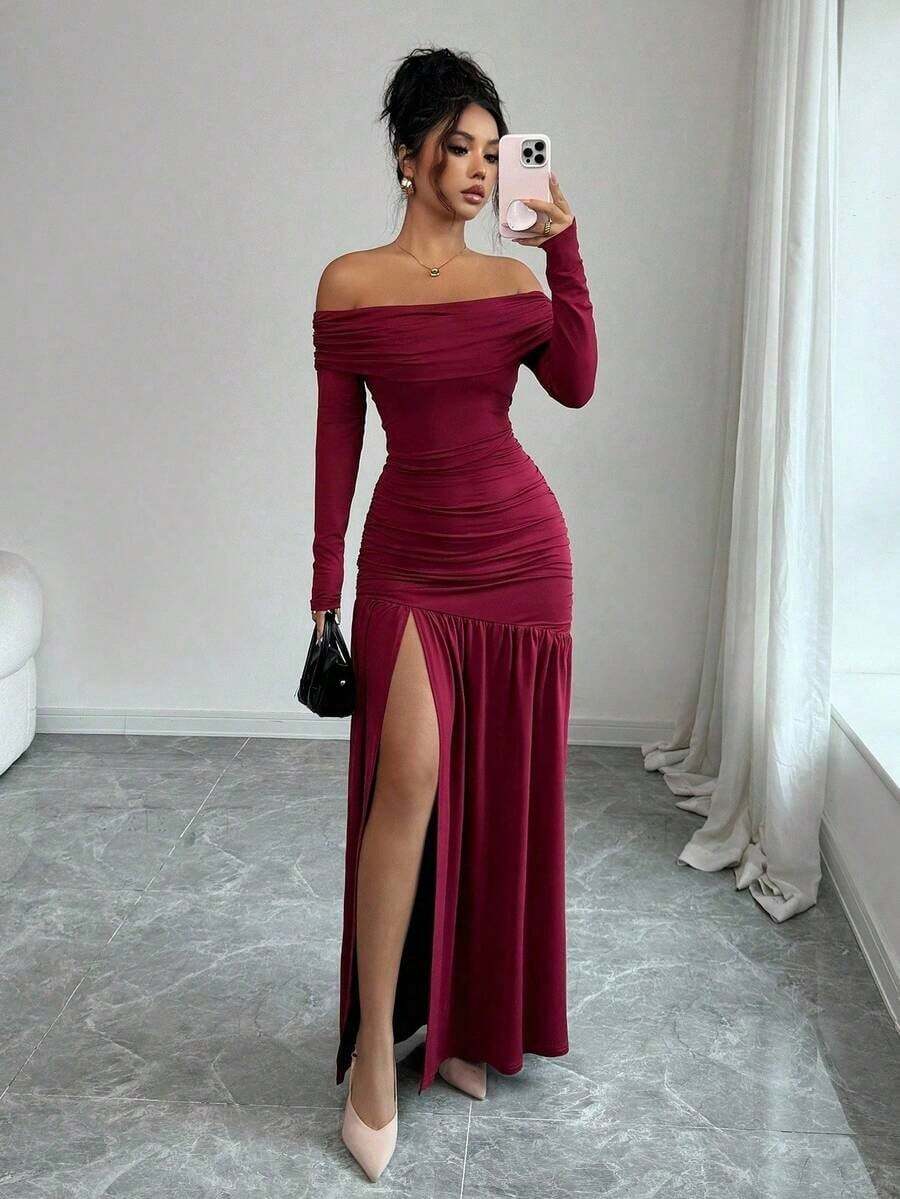 Vestido de punto ajustado de manga larga con hombros descubiertos, elegante y vintage, adecuado para otoño/invierno, Halloween - Burdeos - Ver 1