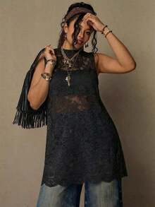 Freevana Blusa sin mangas con estampado floral vintage bohemio y encaje, talla grande, nueva llegada de primavera, adecuada para el Día de San Valentín, festivales de música - Negro - Ver 9