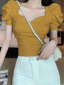 Blusa de unicolor con cuello de corazón y mangas abullonadas, blusas de manga corta, tops de verano lindos para mujer - Amarillo - Ver 1