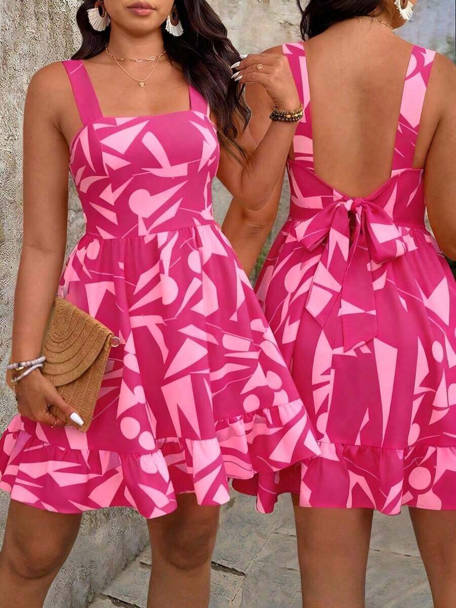 Vestido de talla grande con estampado, lazo en la cintura y decoración para mujeres de vacaciones - Rosa Fucsia - Ver 1