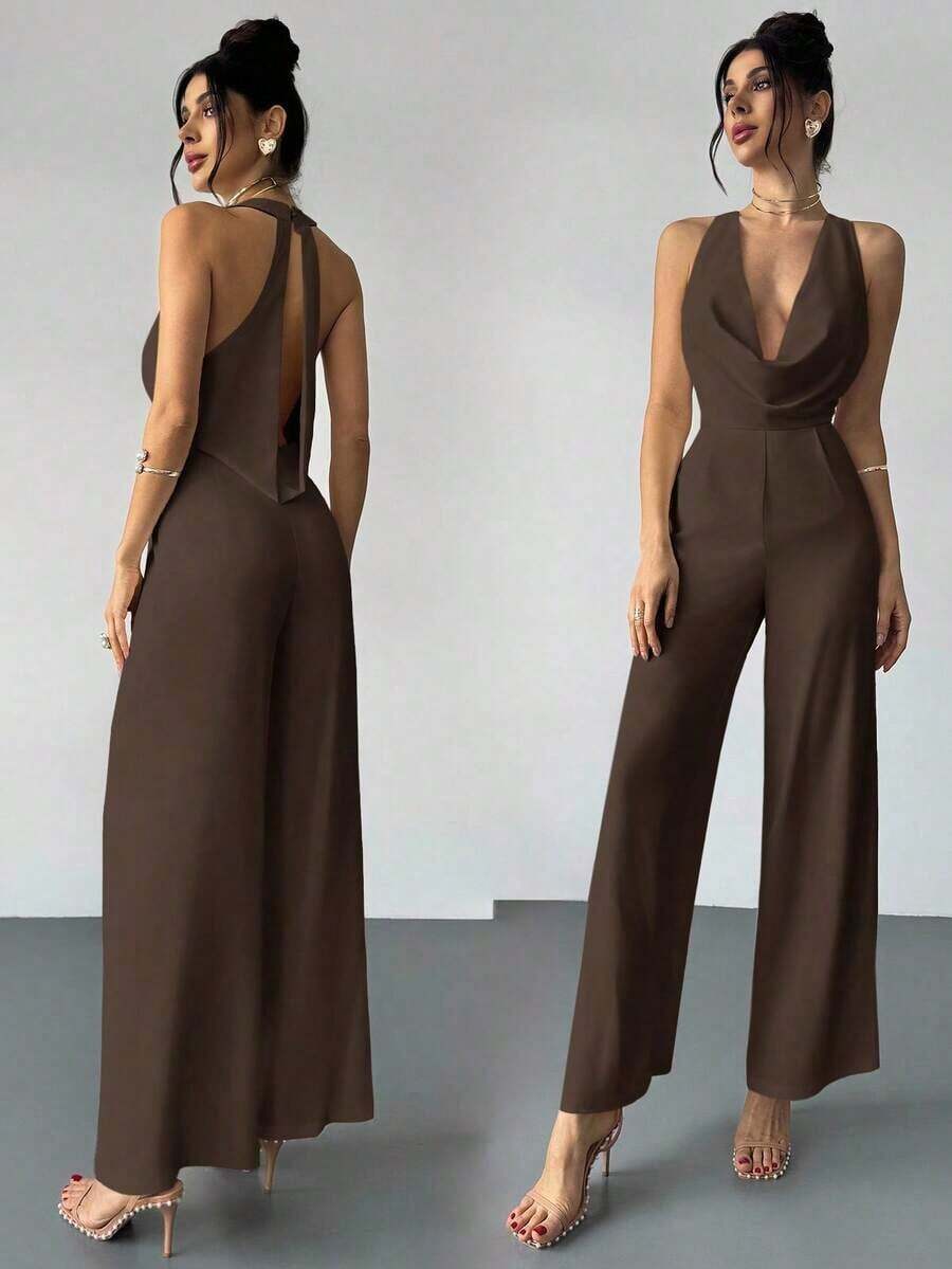 s anchos de pierna blanca con cintura ceñida, escote profundo en V y espalda descubierta, elegantes y modernos, apropiados para ir al trabajo, citas románticas, fiestas sexys, vacaciones en la playa, festivales, San Valentín, temporada de - Café integral - Ver 1