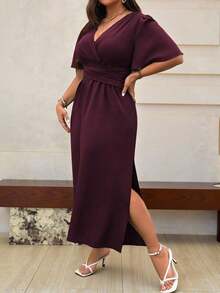 Vestido maxi de verano para mujer talla grande, de manga corta con volantes y cuello en V de un solo color - Granada - Ver 3