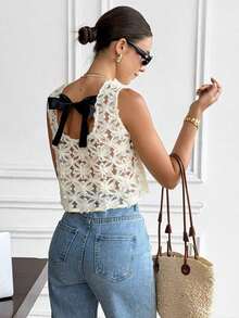 Blusa sin mangas casual y versátil con cuello redondo, decoración de moño y jacquard - Albaricoque - Ver 4