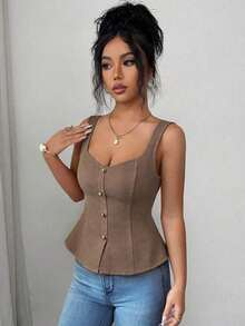 Top de tirantes anchos con cuello cuadrado, abotonado delantero, cintura plisada y ajustado para mujer, unicolor y elegante - Marrón Mocha - Ver 4
