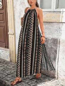 Vestido con estampado, corte con abertura alta, espalda descubierta, atar al cuello y flecos para mujer, vacaciones - Verde 2 - Ver 2