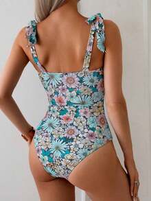 Swim Basics 1 pieza Traje de baño de una sola pieza con estampado sólido y floral y tirantes de espagueti anudados para mujer - Celeste - Ver 2