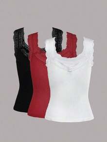 Top de tirantes de cuello redondo de unicolor con encaje de contraste para mujer en verano - Multicolor 3 - Ver 2