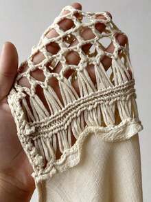 Vestido tapa playa para talla grande de mujer de unicolor, de cuello halter, tejido a crochet, con diseño calado y ajustado - Albaricoque - Ver 3