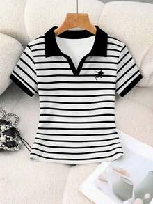 Camisa polo corta de mujer con estampado a rayas de equitación, cuello de color contrastante - Multicolor 3 - Ver 3