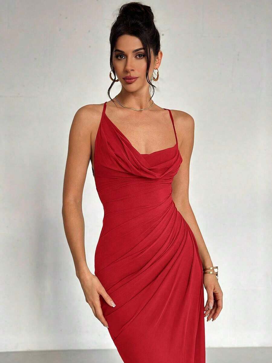 Vestido de estilo elegante y romántico para mujer, adecuado para fiesta, vacaciones, vuelta al colegio, cita romántica y boda, vestido de fiesta con escote en pico, cuello halter, espalda descubierta, efecto fruncido y lazo - Rojo - Ver 1