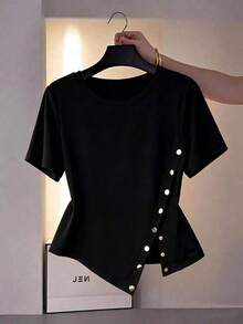 Camiseta de manga corta de talla grande para mujer, de unicolor, con dobladillo asimétrico, para uso diario y casual - Negro - Ver 1